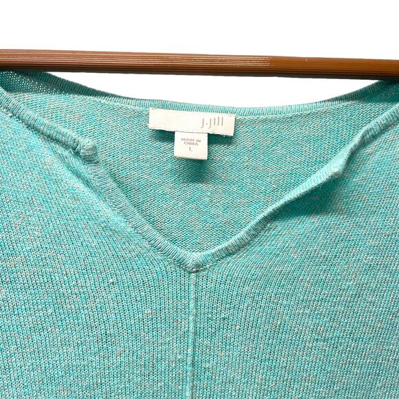 J Jill Blue Aqua Teal Split Neck 3/4 Sleeve Tunic Sweater Coastal Beachy L - Picture 2 of 7